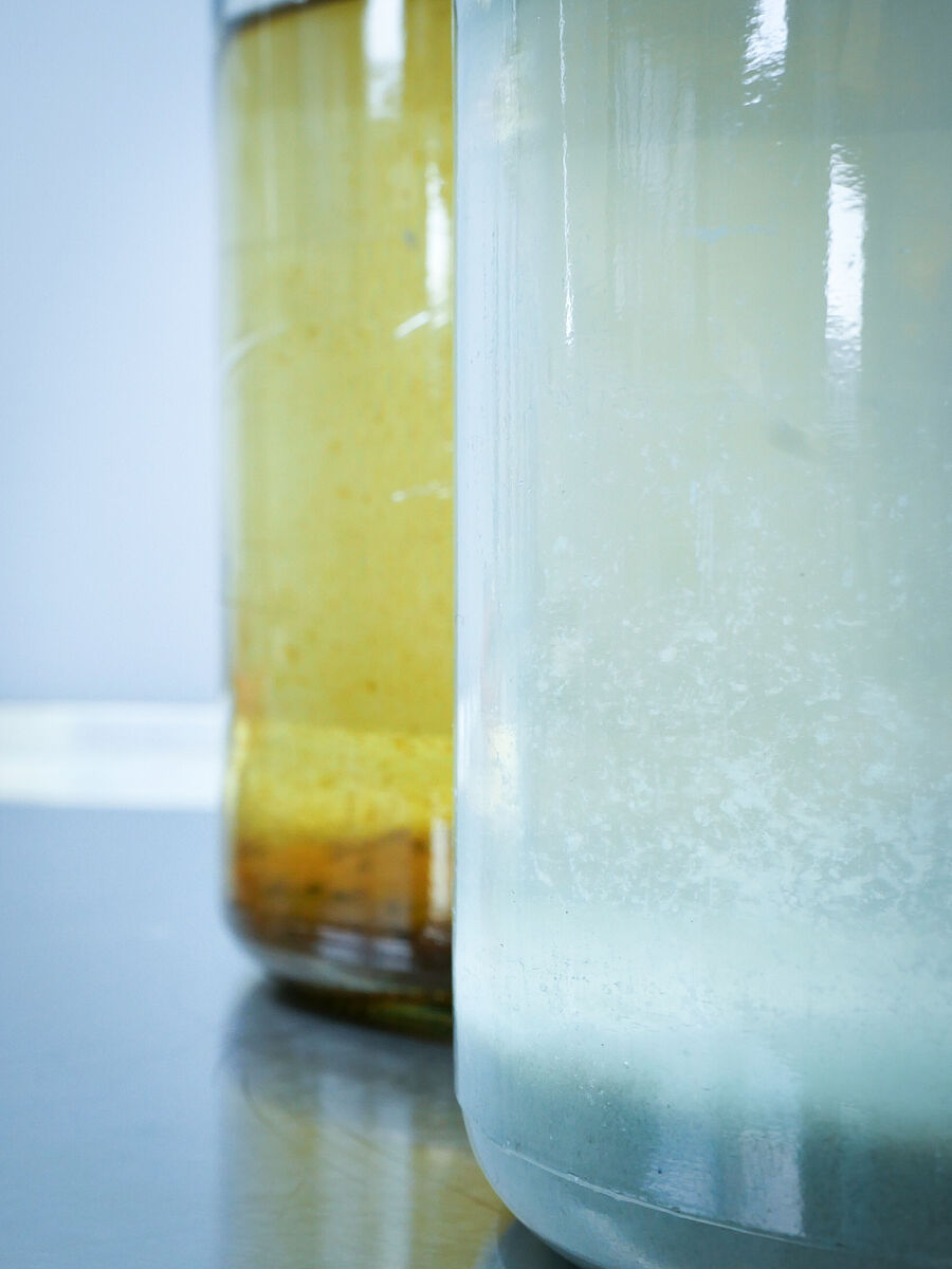 Untreated environmental samples: wastewater (background) and process water from a paper mill (foreground)